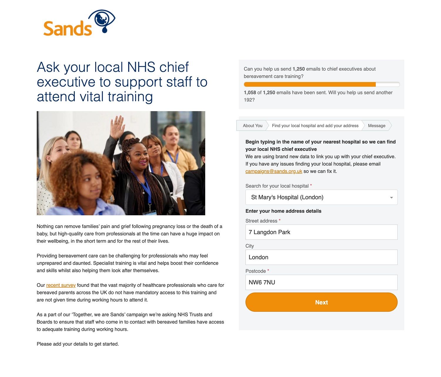 Webpage: Sands campaign action 'Ask your local NHS chief executiev to support staff to attend vital training. Form step shows 'Begin typing the name of your local hospital'