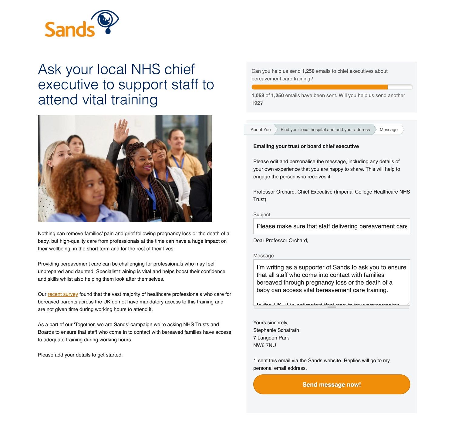 Webpage: Sands campaign action 'Ask your local NHS chief executiev to support staff to attend vital training. Form step shows 'Edit and personalise your message'