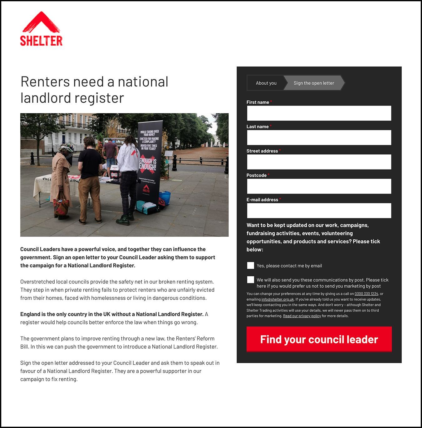 Online action page - Shelter 'Renters need a national landlord register' Photo of a campaign street stall, and a form asking people to email their council leader. 