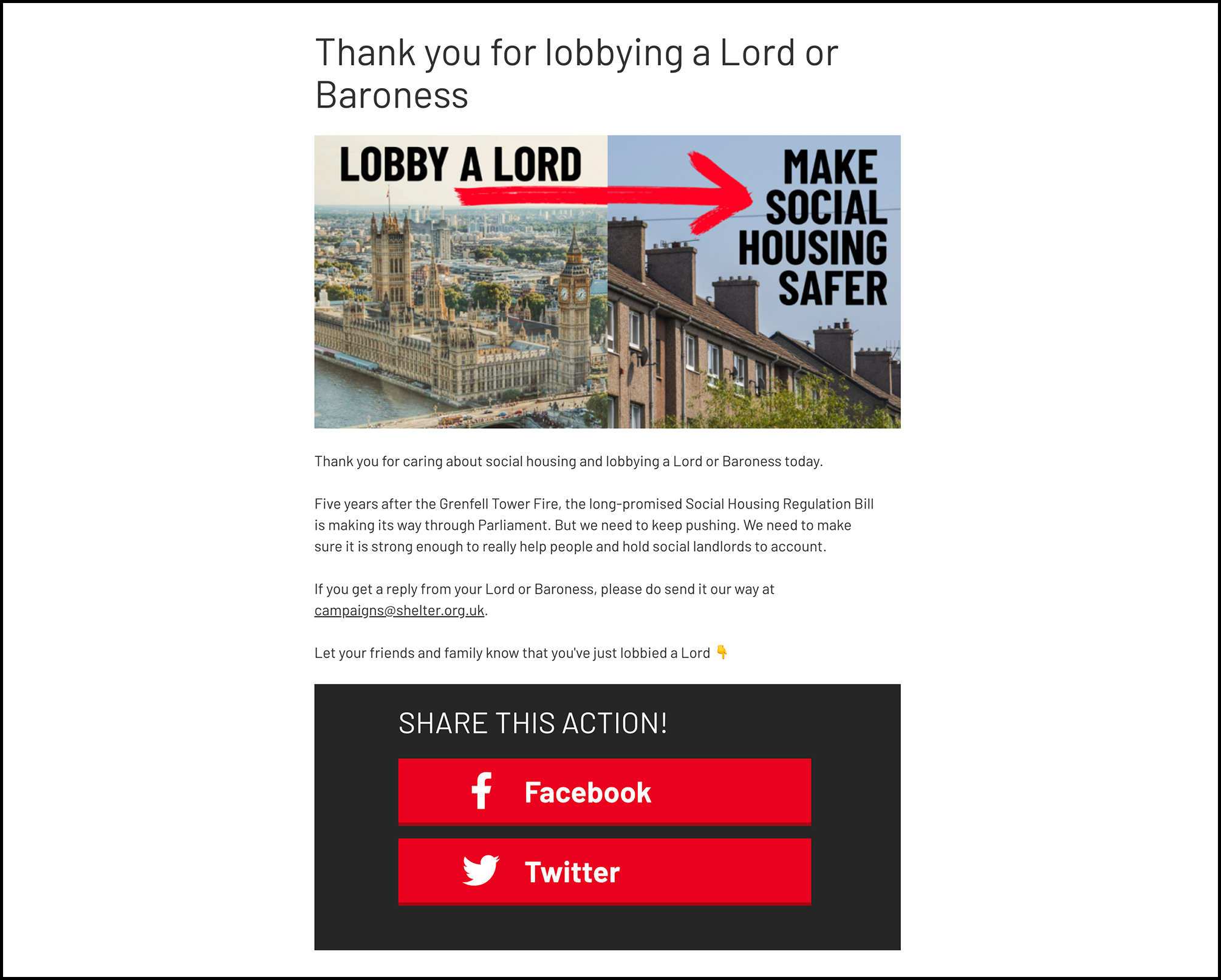 Thank you for lobbying a Lord or Baroness - screenshot of the desktop version of the Thank You page for the email to target action. Includes options to share action to Facebook or Twitter.