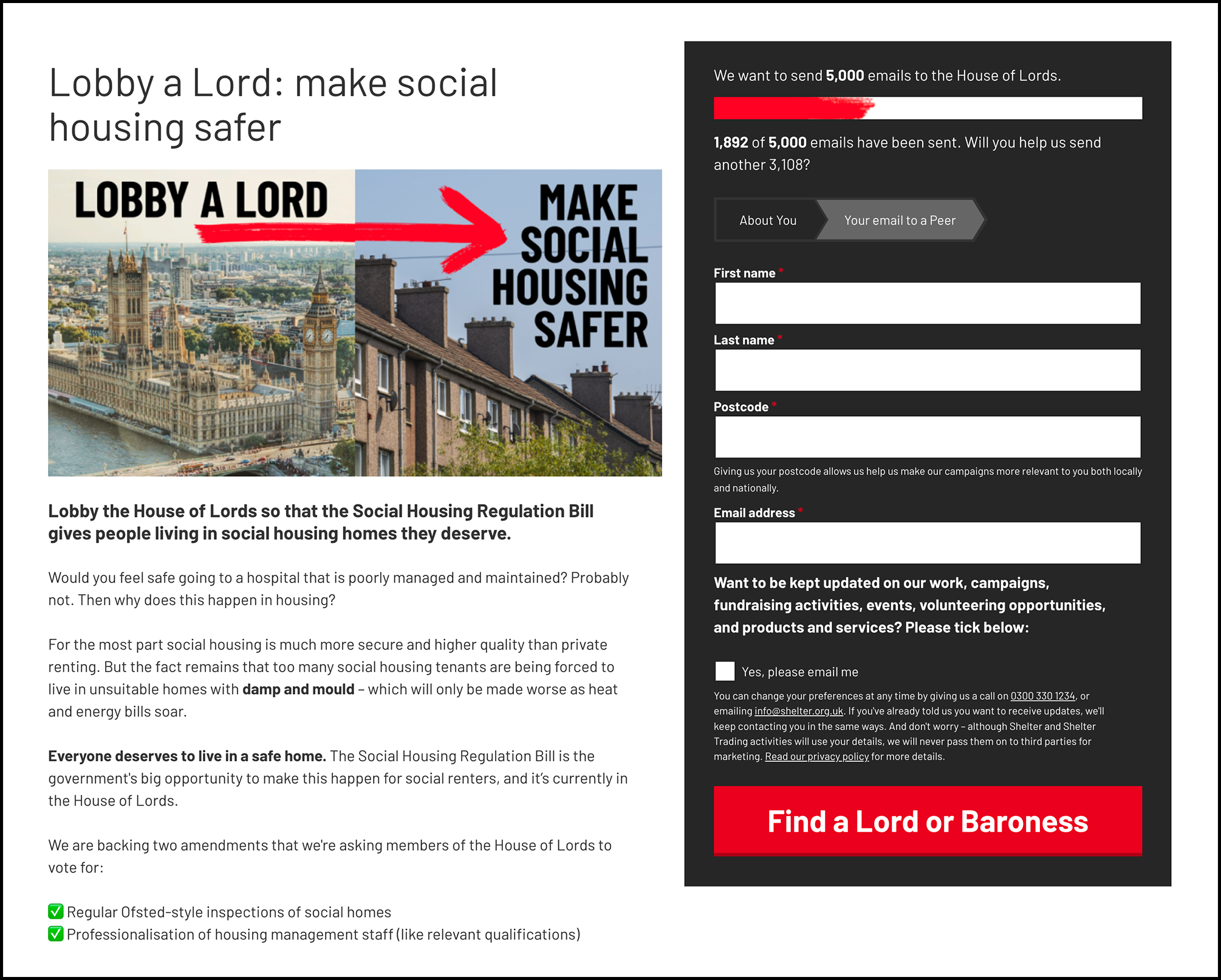 Lobby a Lord: make social housing safer. Screenshot of webpage, email to target action asking Shelter supporters to 'Lobby the House of Lords so that the Social Housing Regulation bill gives people living in social housing homes they deserve'