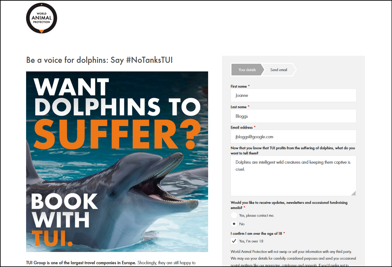 World Animal Protection online action. Be a voice for dolphins, say #NoTanksTUI