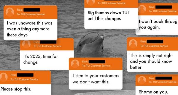 Photo of dolphin with customer messages overlaid, reading eg 'Listen to your customers, we don't want this'